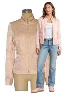 Express Vintage Y2K Satin Utility Cargo Bomber Jacket Peach Pink Small